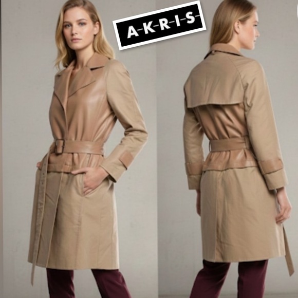 AKRIS Convertible 2in1 Lamb Leather & Cotton Trench-coat Jacket Desert Beige Sz6 - Picture 2 of 16